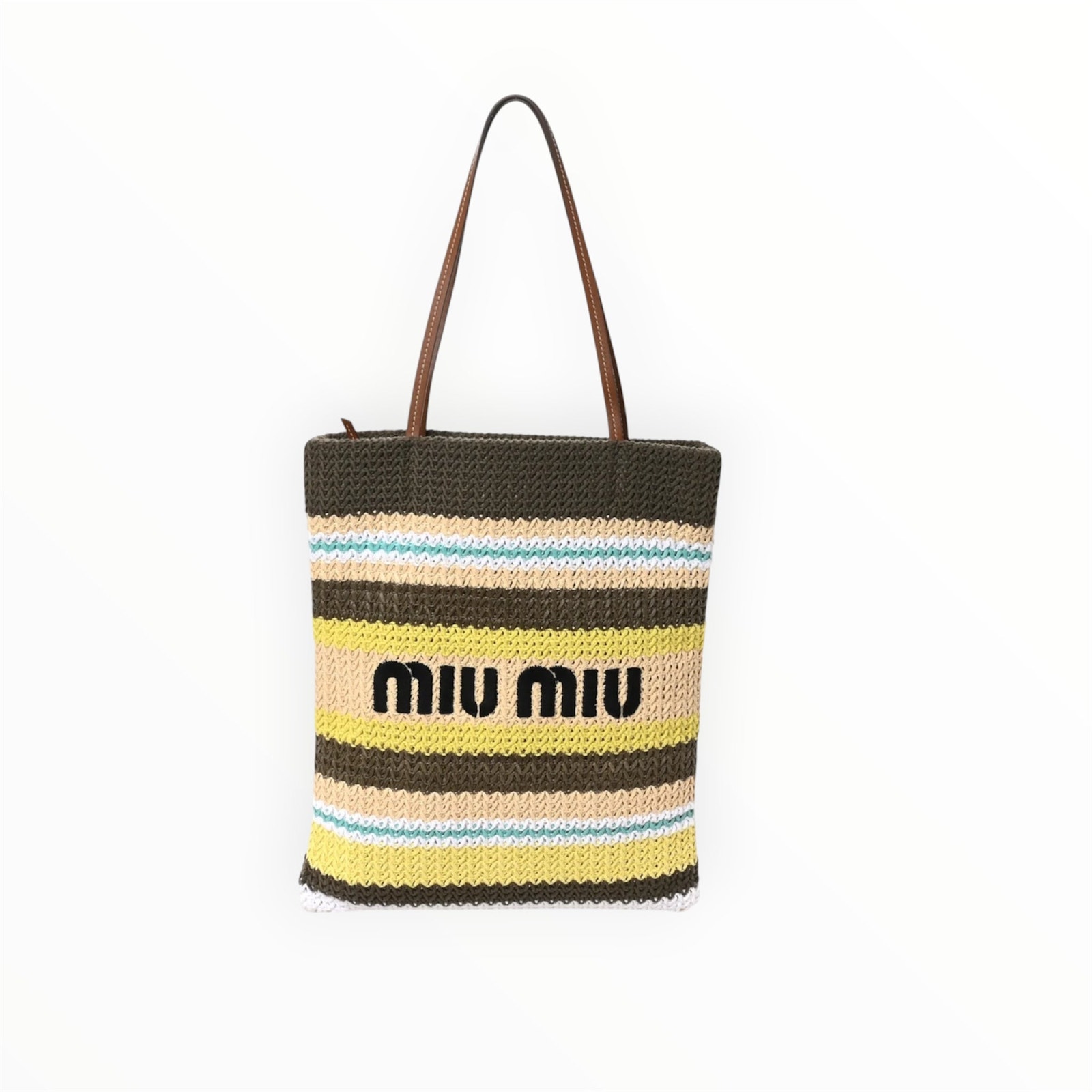 Miumiu Raffia Crochet Stripe Vertical Tote Bag Tundra Limone Natural